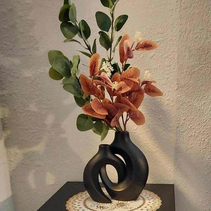 Matte Black Ceramic Decorative Vase Set with Curved Design