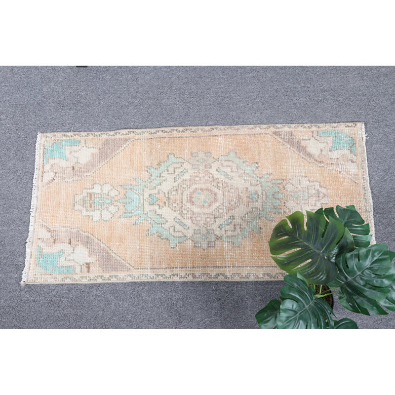 Petit tapis turc rétro aux tons pastel, idéal comme tapis d'entrée unique en laine fait à la main