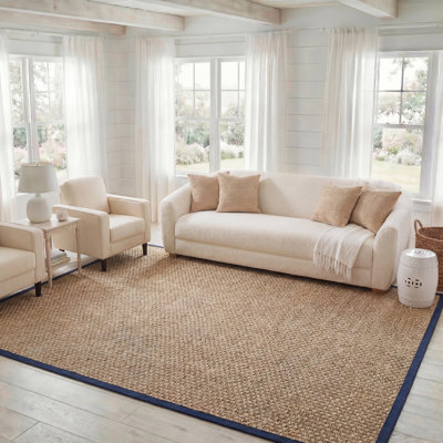 Tapis naturel / bleu en lattes de bambou / bleu marine