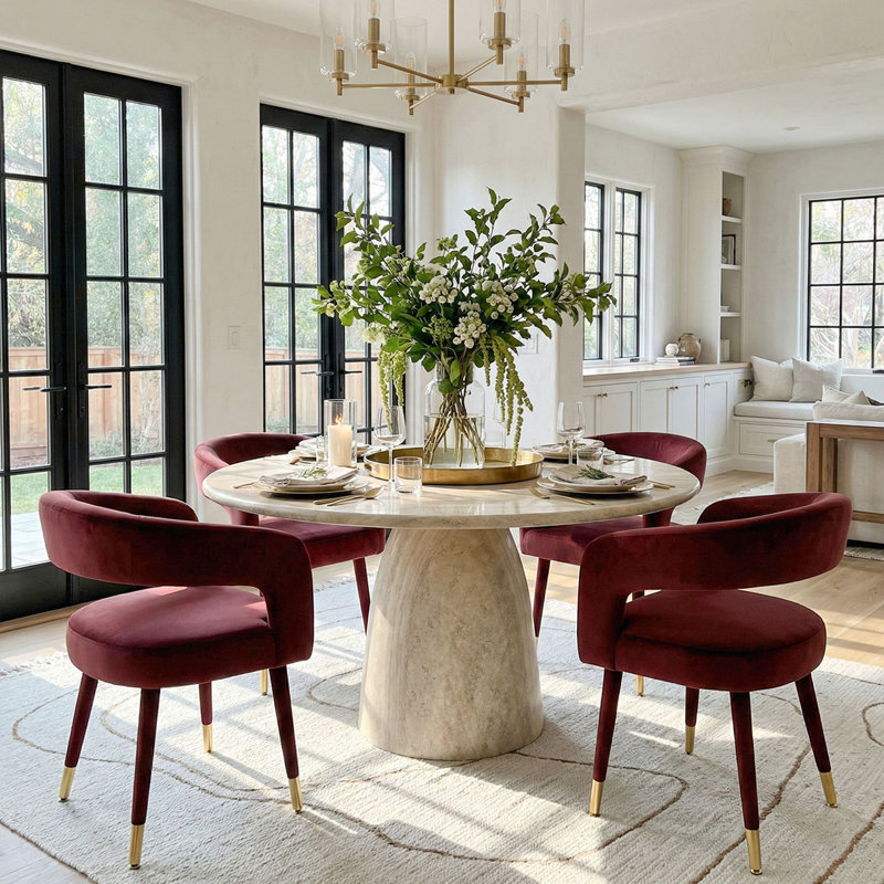 Velvet Upholstered Dining Chairs, Modern Barrel Back Armchairs With Fabric-Wrapped Metal Legs And Gold Caps, Burgundy