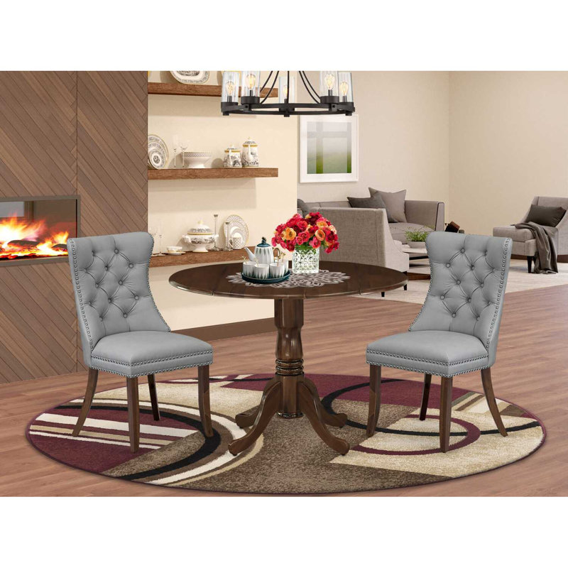 3-Piece Antique Walnut Finish Solid Wood Top-Round Upholstered Dining Room Set with Dropleaf-Seats 4, Acacia Walnut