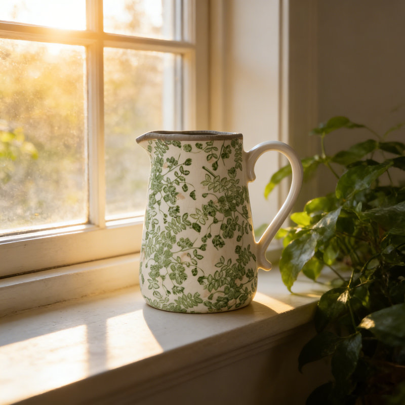 Vase en céramique 8,1 x 5,7 x 9,1 po avec motif floral vert