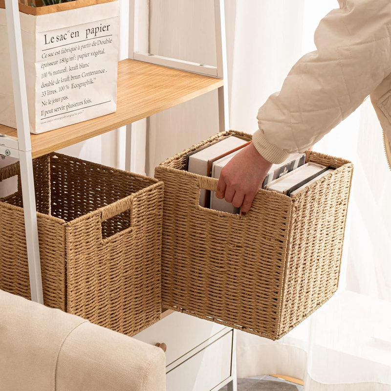 Paniers de rangement pliables avec poignées, paniers de rangement en corde de papier, cubes de rangement rectangulaires pliables tissés à la main (4, naturel)