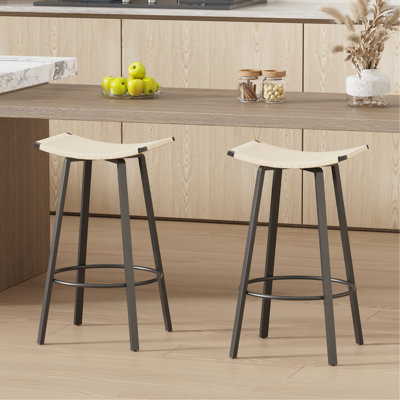 Counter Height Bar Stools Backless Handwoven Kitchen Dining Chairs With Round Footrest Set Of 2 Weaving Pub Stool For Indoor & Outdoor (Black & Creamy