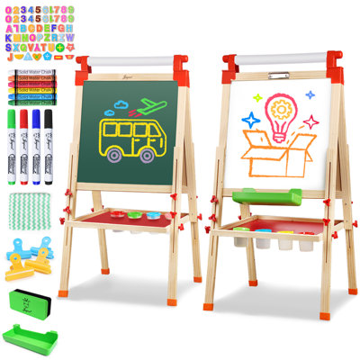 Joyooss Kids Wooden Art Easel, Adjustable Double Sided Drawing Board with Paper Roll Holder, Chalkboard & Whiteboard, Art Supplies Set JOY126 RED