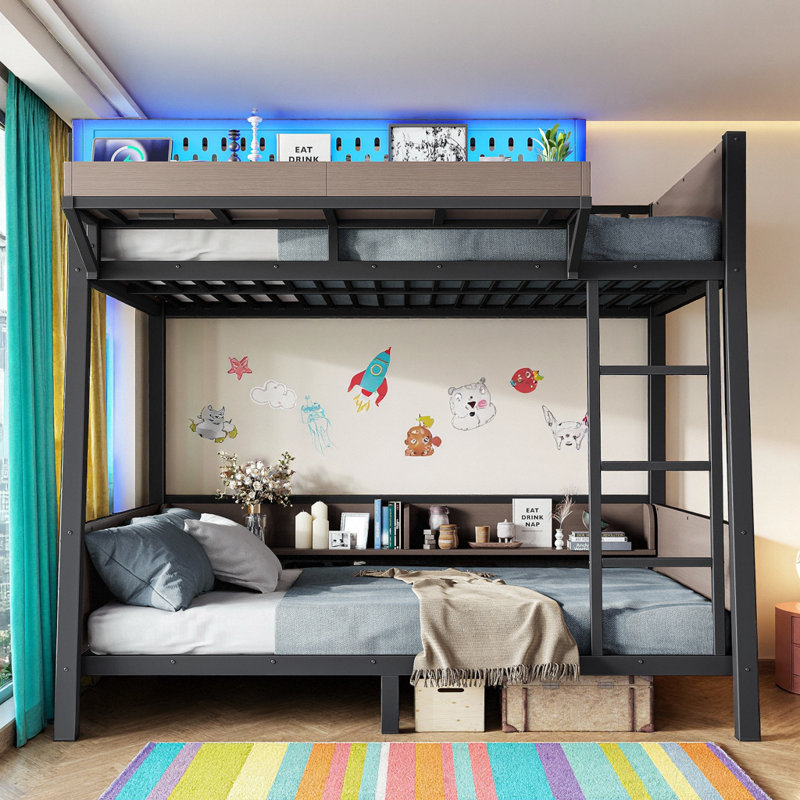 Lit superposé en métal avec tablettes de rangement, lumières DEL et ports USB, Twin over Twin