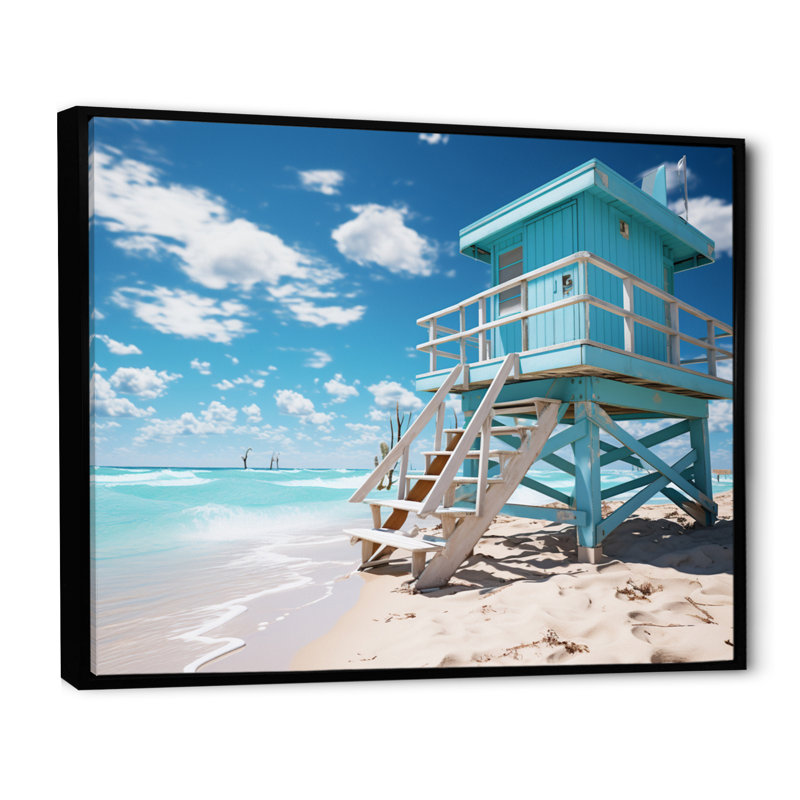 Turquoise Miami Lifeguard Whispers II, reproduction d'art sur toile, H 34 po x l 44 po x P 1,5 po, Cadre flottant noir