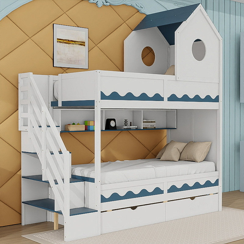 Lit simple au-dessus de simple en bois avec lumière DEL, 2 tiroirs et tablettes, Blanc