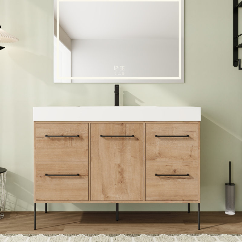 Meuble-lavabo simple autoportant 48 po avec plateau en résine et portes et tiroirs à fermeture en douceur Nyrith, 48''