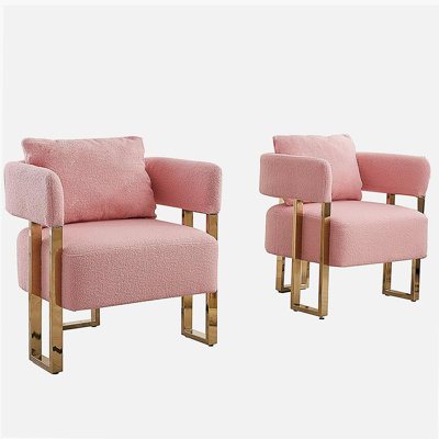 TS Modern decorative chair, living room side chair with gold metal legs, no wheels, suitable for dressing area, reception room, office,Teddy fleece upholstered metal foot sofas 2PCS Pink