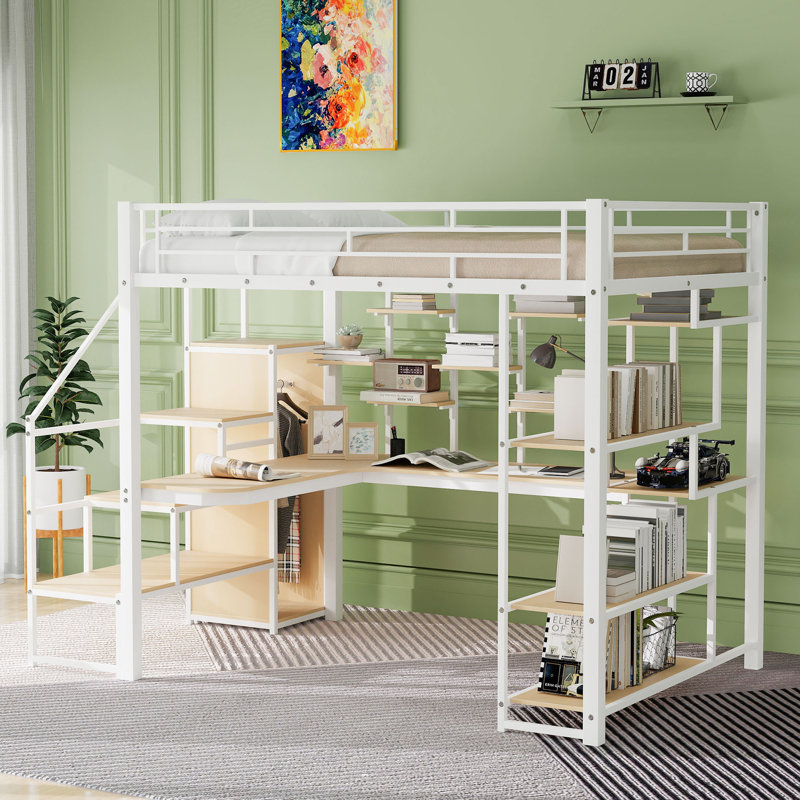 Lit mezzanine double en métal avec garde-robe, bureau et escalier de rangement, Blanc