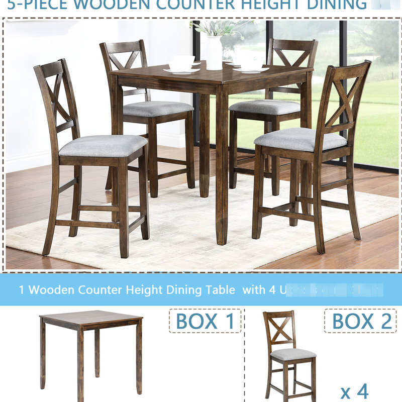 Table de salle à manger à hauteur de comptoir pour 4, 5 tables en noyer avec chaises carrées et rembourrées, Noyer