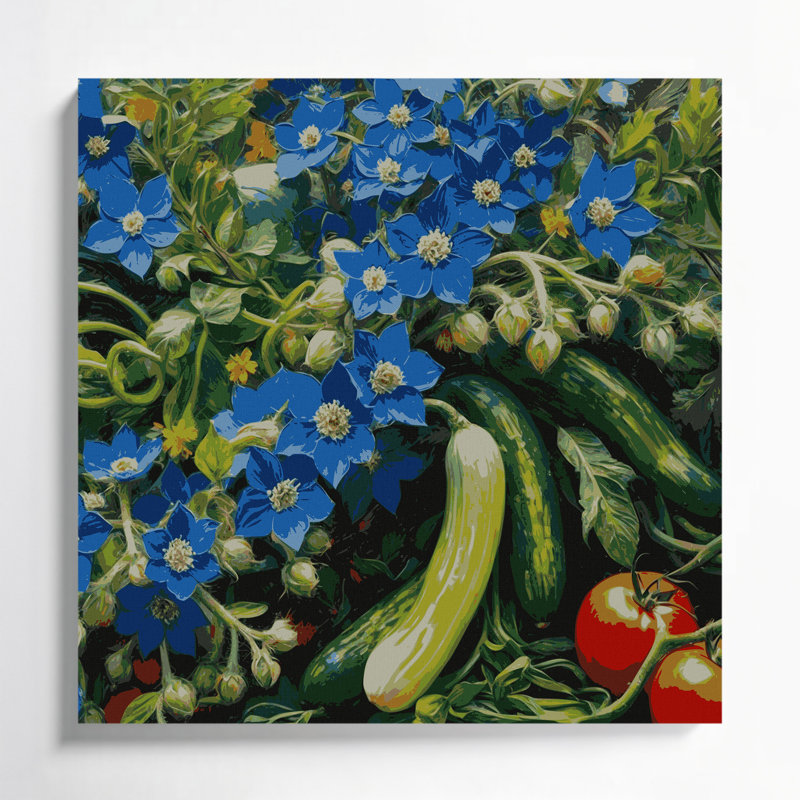 Légumes, fleurs de bourrache, art mural sur toile bleue, H 12 po x l 12 po
