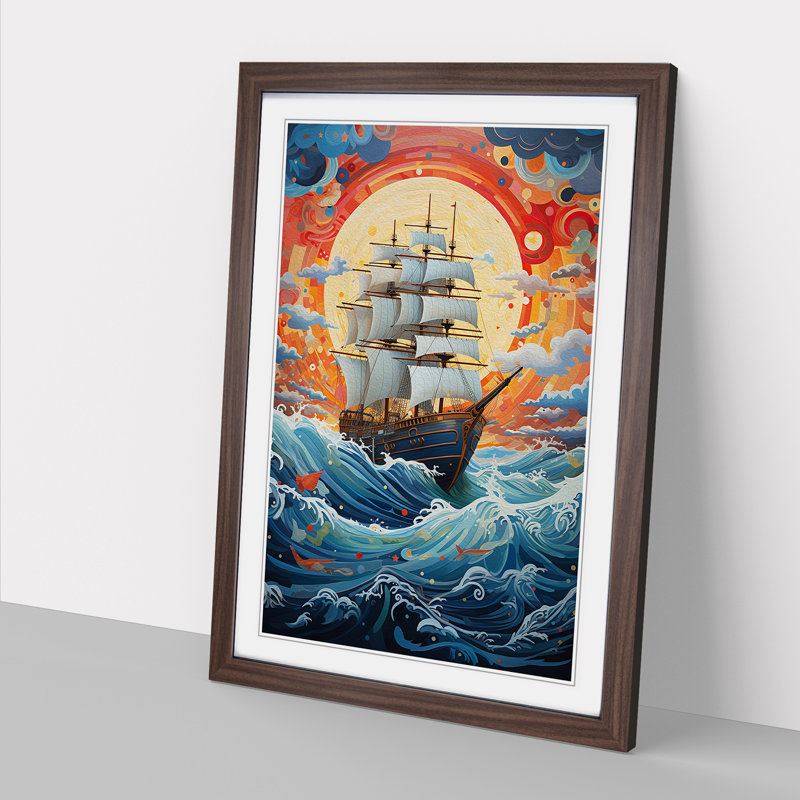 Ship On The Ocean Contemporary - Single Picture Frame Print on Wood, 64cm H x 46cm W, Walnut Framed