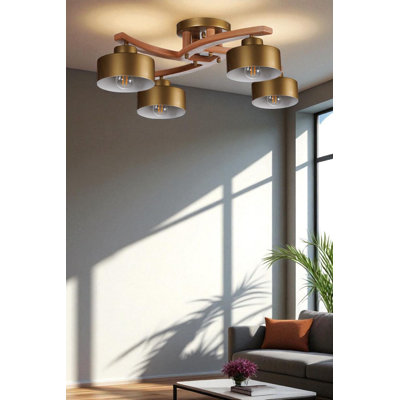Elegant Gold and Walnut Chandelier, 11.0 x 4.7 inches | Metal Body with Ø5.5 x 1.2 inches Base Plate | 4 x E27 Socket (Max 40W) | Ideal for Living Room, Dining Room, and Entryways | Stylish and Modern Design