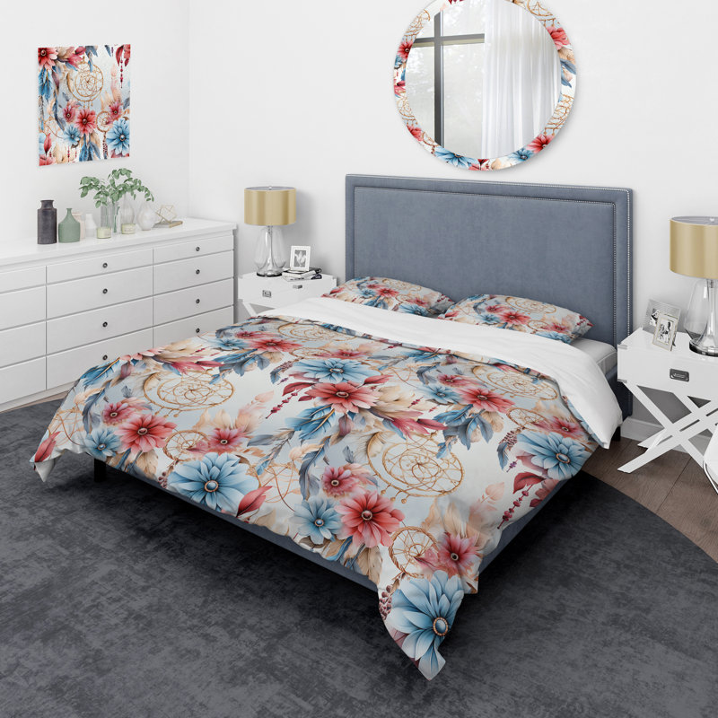 Ensemble de housse de couette rose et bleu Dreamcatchers Boho, Housse de couette pour très grand lit et 2 très