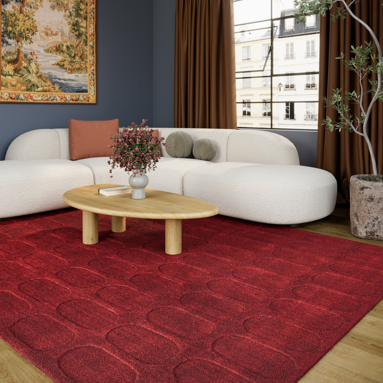 Mazzi Burgundy Hand-Loomed Geometric Wool Rug, Rectangle 7'10" x 10'
