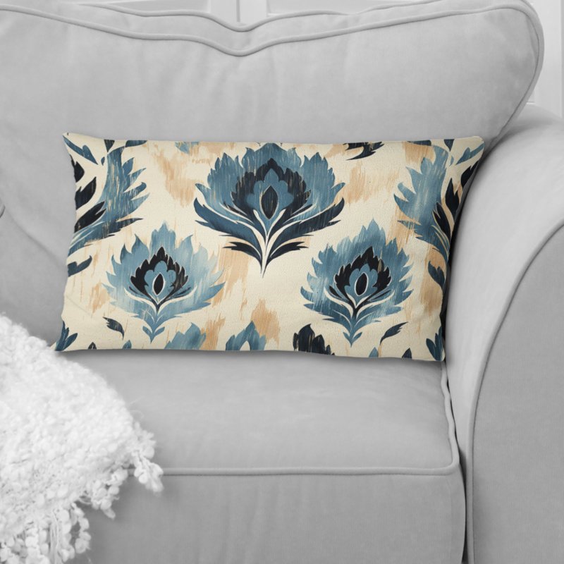 Ikat bleu et beige artisanal Heritage - coussin floral en polyester