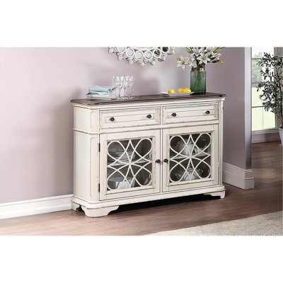 Desserte de style blanc antique antique, 2 tiroirs, armoires de rangement, design traditionnel contemporain, portes en verre, pour finition de style salle à manger, rangement, poignée ronde, essentiel