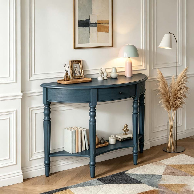 Console demi-lune avec tiroir et tablette, Marine