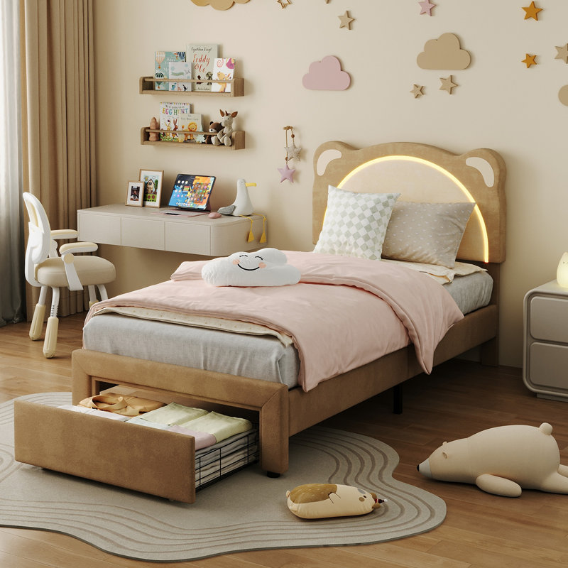 Base de lit tapissier pour enfants avec tête de lit réglable et lumière DEL, support de lattes en bois, aucun sommier requis