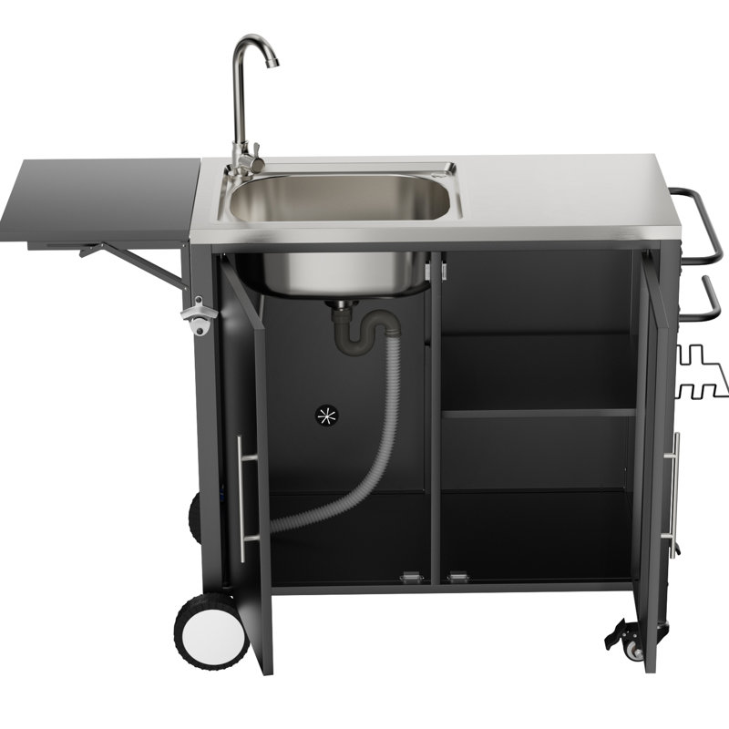 Table de barbecue extérieure avec évier et comptoir pliable, îlot de cuisine en métal, roulettes de chariot, acier inoxydable 304, évier multifonction, roulettes pivotantes à 360° avec verrouillables, rangement, table de travail, pour jardin.