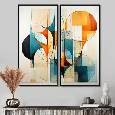 «Orange Mid Century Harmony In Geometric I - Abstract Midcentury Large, art mural»
