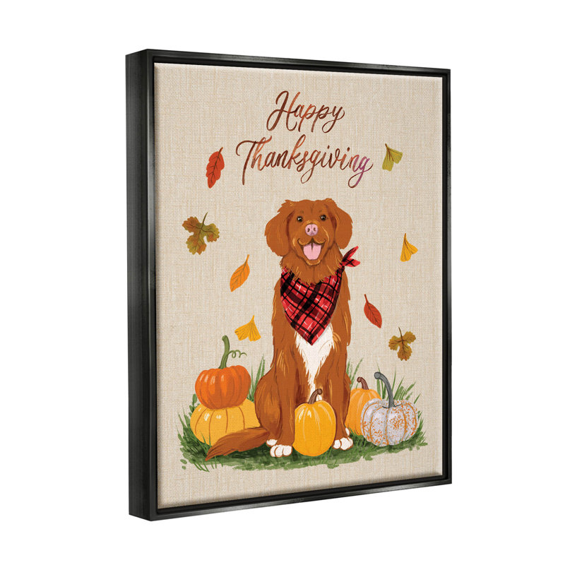 «Happy Thanksgiving Pumpkins Dog», cadre flottant, impression sur toile, Cadre flottant noir de jais