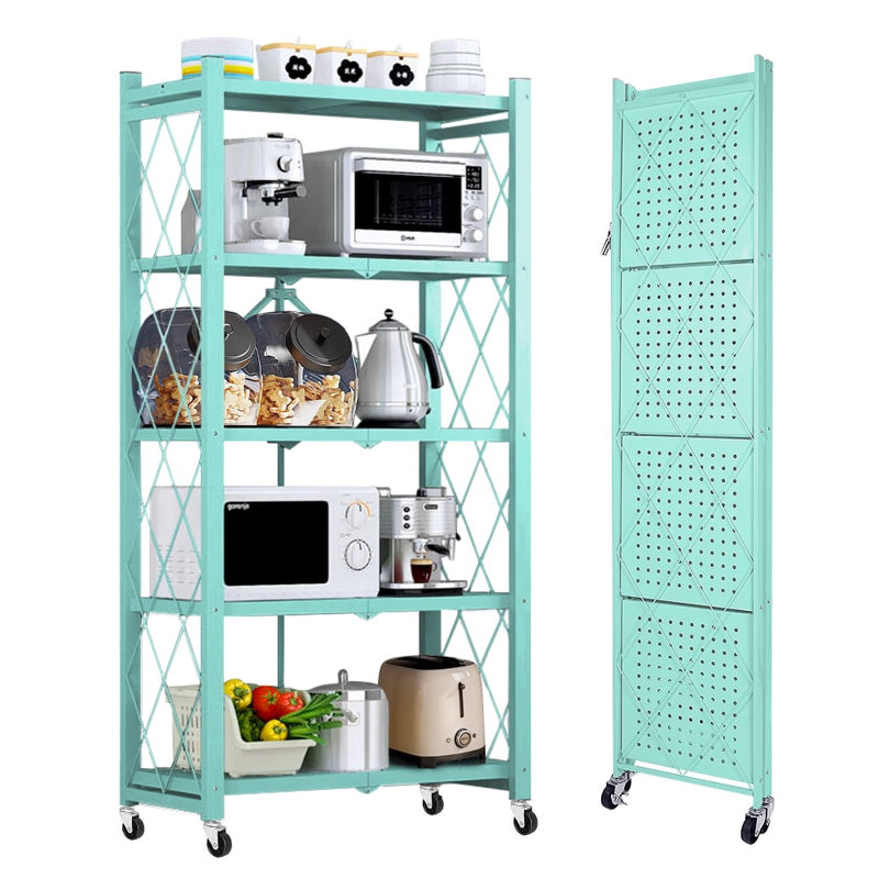 Étagère pliante en métal à 5 niveaux avec roues Jahod, Bleu, H 62,5 po x l 27,9 po x P 13,4 po