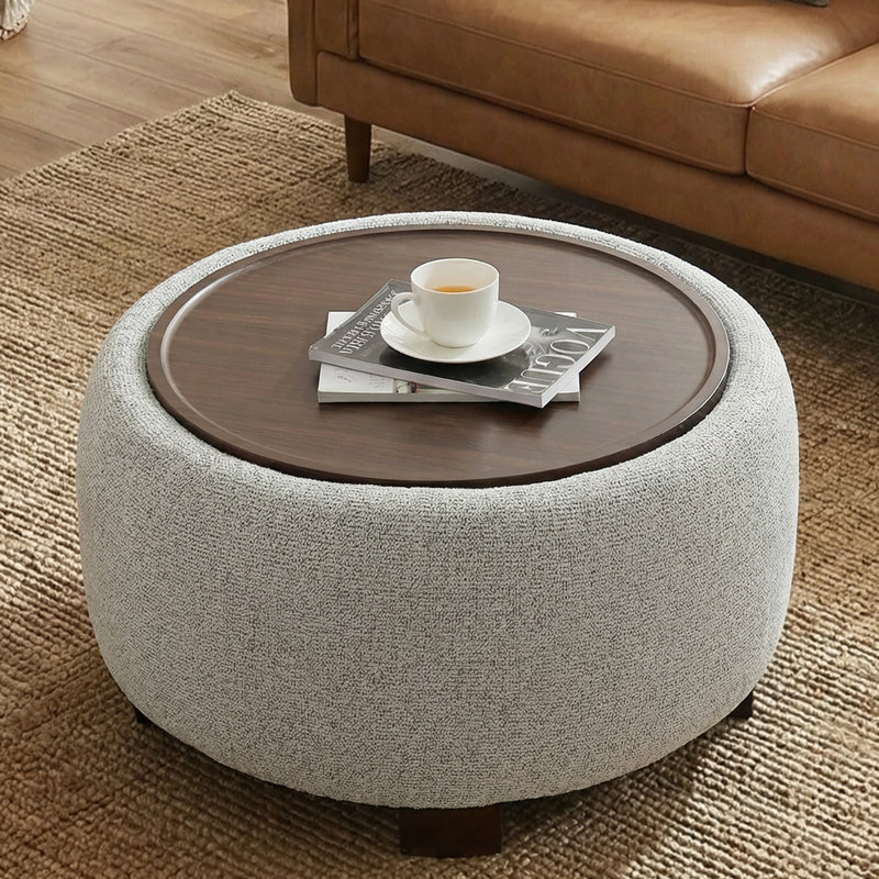 Repose-pieds rembourré avec rangement et plateau en bois, Beige