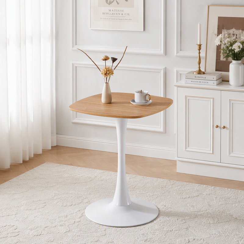 Petite table de salle à manger avec pied central en métal, Blanc / chêne