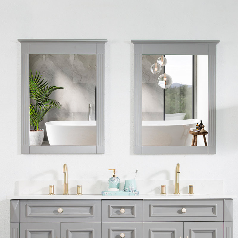Miroir mural en bois massif H 33 po x l 26 po, Gris titane