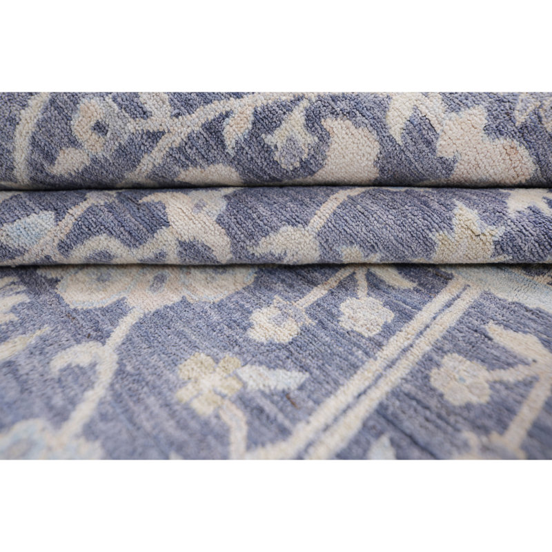 Hand Knotted Wool Area Rug in Dark Gray And Ivory