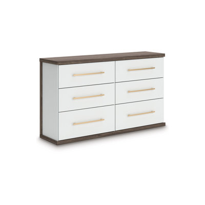 Keny Wide Dresser, 6 Drawers, Champagne Handles, White And Brown Wood