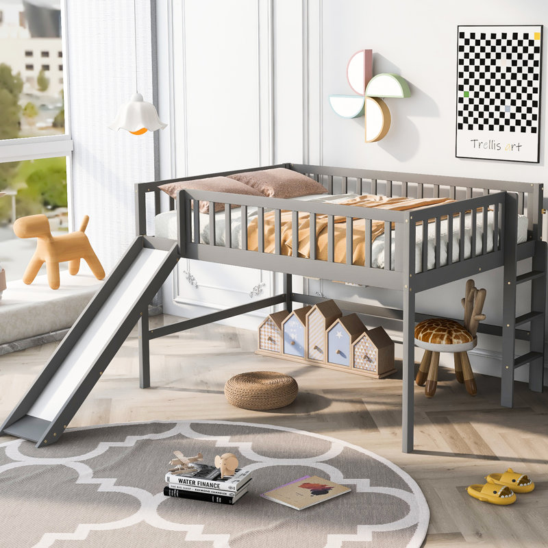 Lit mezzanine double pleine grandeur avec glissade, gris pour l'espace de chambre à coucher et délicieuse glissade, Gris