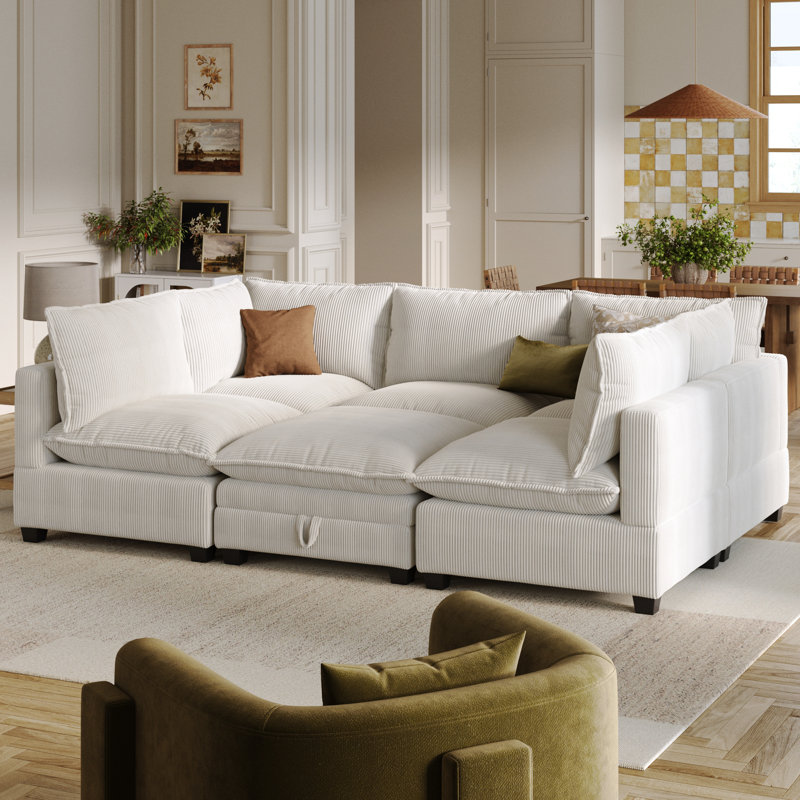 Somerdale Modern 6-Piece Armless Pit Sectional Sofa, White Corduroy