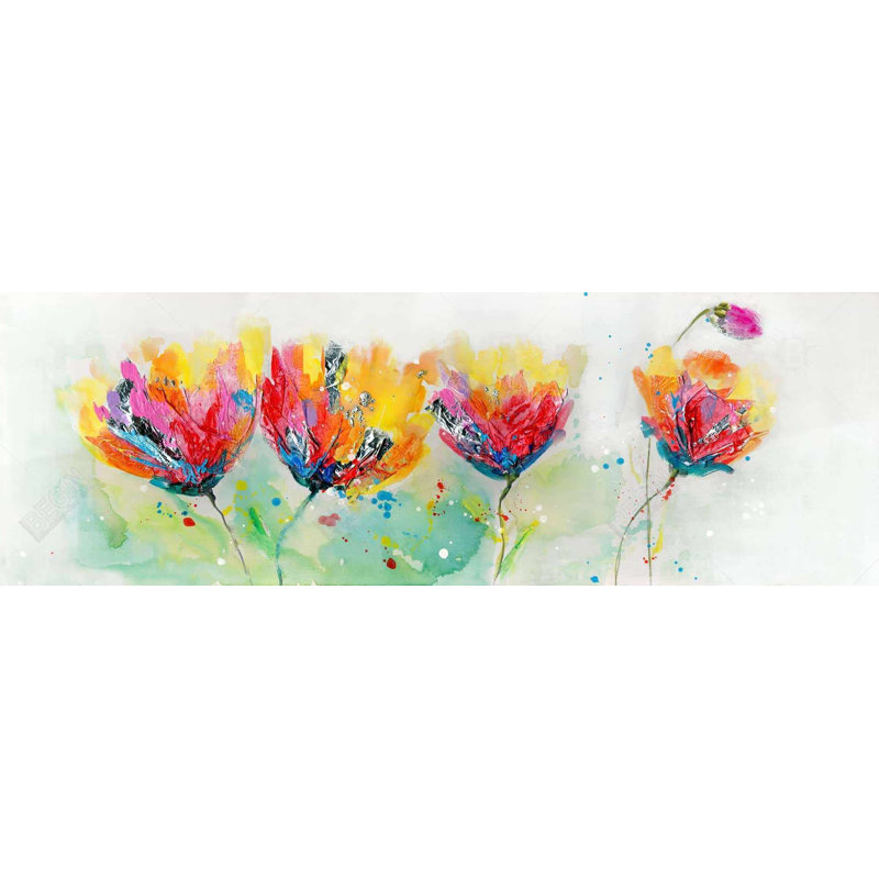 Quatre fleurs colorées - cadre jaune | Décoration intérieure