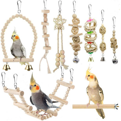 9-Piece Parrot Bird Toys Set – Hanging & Standing Wooden Swings, Perches, Hammocks, and Ladders for Small to Medium Birds