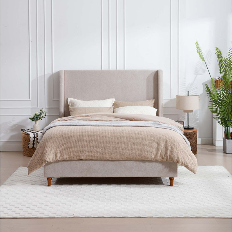 Albree Hoppe Modern Upholstered Platform Bed With Wingback Headboard, Queen, Dark Gray Velvet