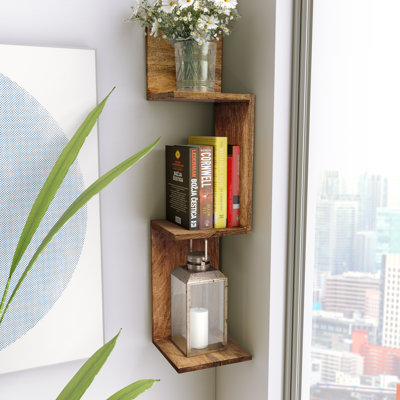 Geralds Mango Wood Geometric Wall Shelf, 33'' Floating Storage Display for Home & Office