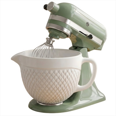 5 Qt Embossed Pineapple Ceramic Mixing Bowl Compatible with KitchenAid 4.5-5 Qt Tilt-Head Stand Mixers, Handle and Pour Spout, Oven Safe to 475 degrees Fahrenheit