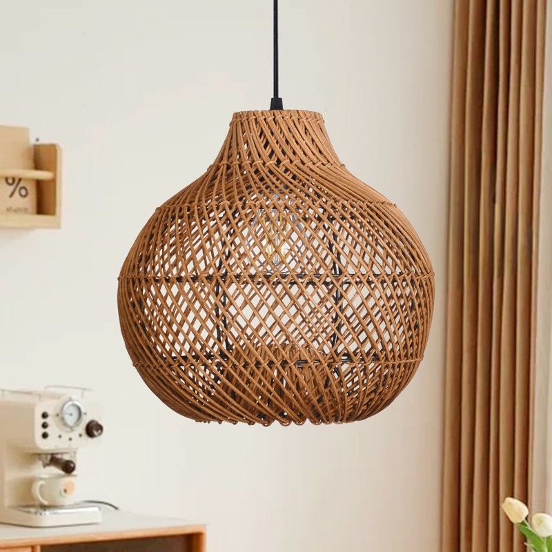 Retro Rattan Pendant Lamp for Dining Table, 10.63" H x 13.78" W x 13.78" D