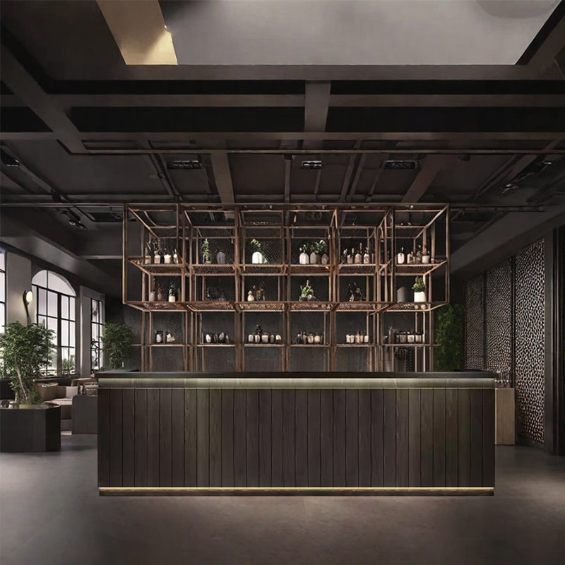 Rustic Style Bar Front Desk with Storage and Bar Counter, Dark Brown