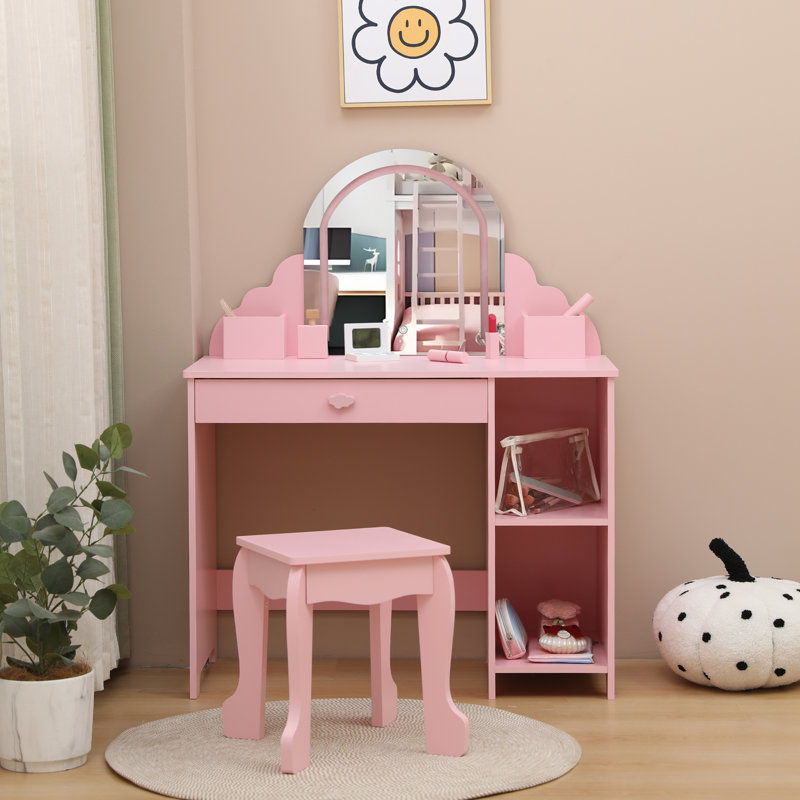 Kids Vanity Table with Mirror and Lights, Wooden Makeup Vanity Desk with Stool, Drawer, Shelves & Cubbies, Princess Dressing Table