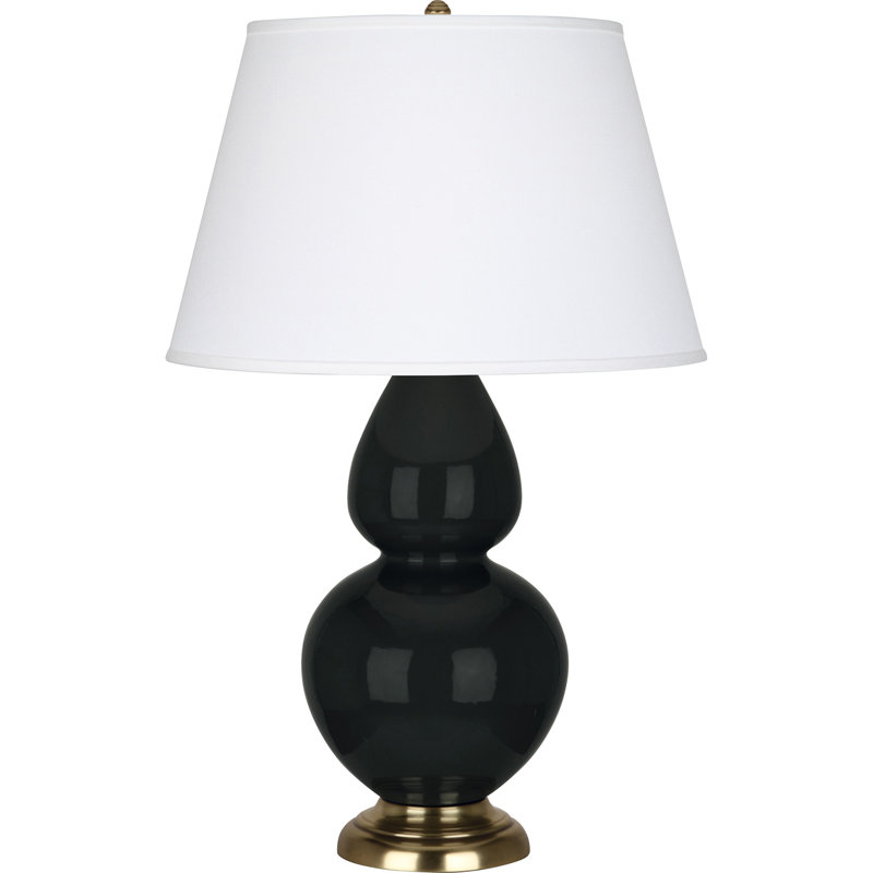 Lampe de table double gourde en céramique, Obsidienne vernie / laiton, Perle, Laiton