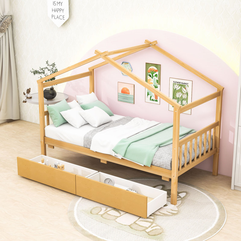 Souris Wood Daybed with 2 Big Drawers, Natural, Twin