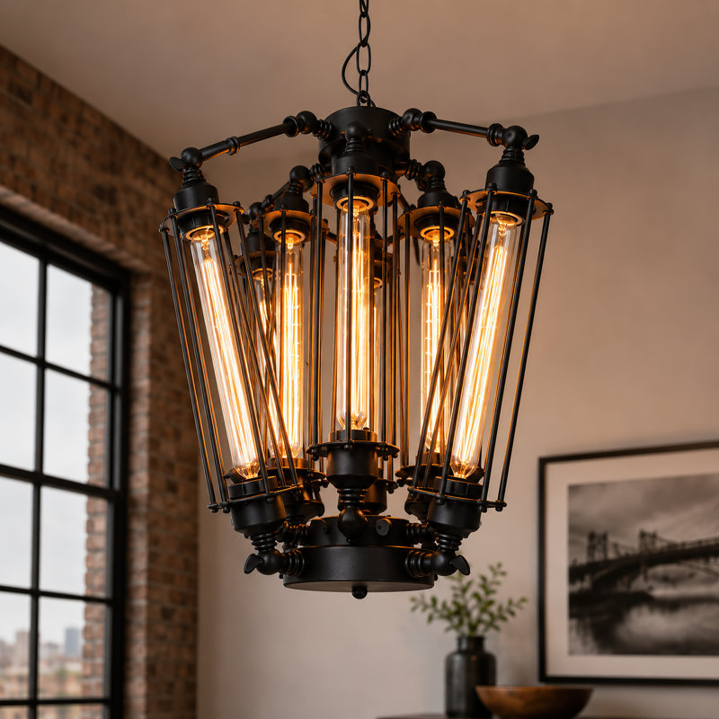 Lustre 8 lumières géométriques 22,4 po Steampunk, suspension réglable en fer noir avec base E26