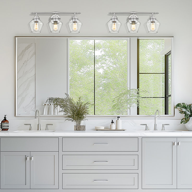 3 - Light Vanity Light Clear Glass Diamond Shade, Brushed Nickel, 9.84" H x 21.26" W x 7.28" D, 3 Lights, Brushed Nickel