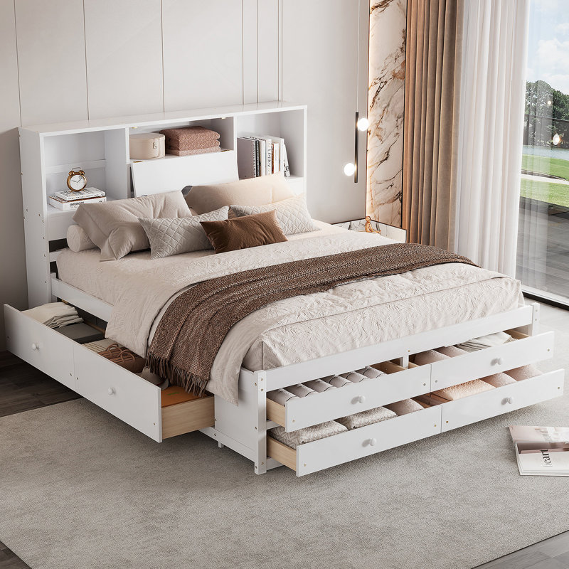 Lit plateforme avec rangement 8 têtes de lit Brackney, Grand, Blanc