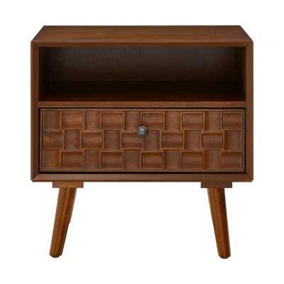22" Mid-Century Modern Wood Nightstand with Carved Geometric Drawer Front, 1 Drawer and Open Shelf, Solid Wood Legs, Bedside Table for Bedroom